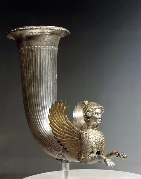 Bulgaria, Razgrad, Rhyton (drinking vessel) in the shape of a sphinx protome (bust), decorated with ivy leaves on the neck, from the Borovo treasure, gold and silver