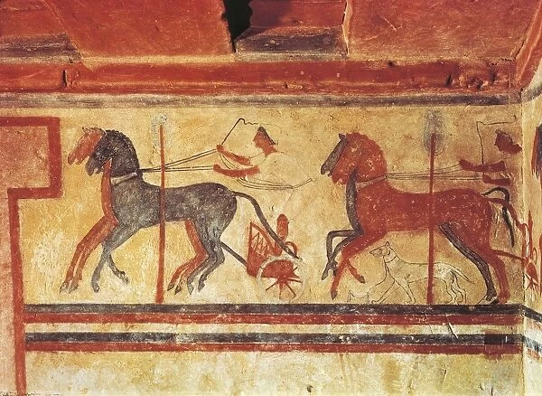 Etruscan fresco depicting chariot race, from Colle Casuccini tomb at Chiusi, Siena Province, Italy, 5th Century B. C