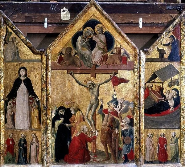 Triptych with Crucifixion as central panel. Master of Bologna, 15th century