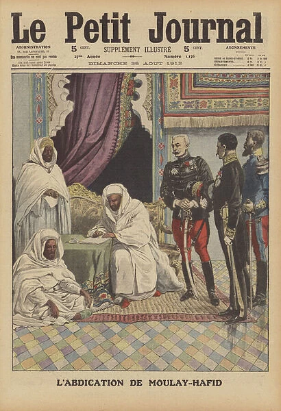 The abdication of Sultan Abdelhafid of Morocco (colour litho)