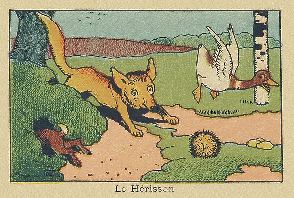 The arrival of the fox causes panic among hedgehogs, ducks, and rabbits. ' The hedgehog', 1936 (illustration)
