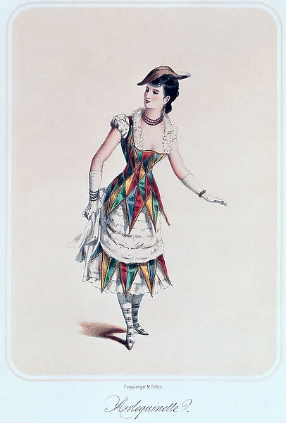 Costume design for a female harlequin, c. 1880 (coloured engraving)