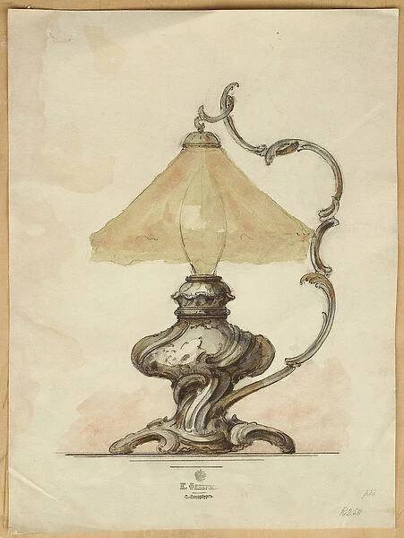 Drawing of a silver table lamp with a twisted fluted body in rococo style