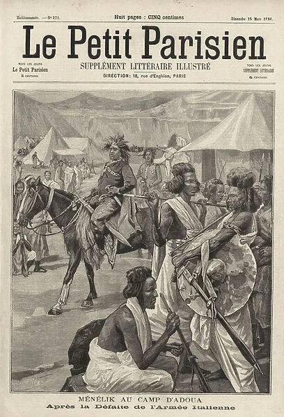 Menelik II, Emperor of Ethiopia, at the camp of Adwa after the defeat of the Italian army, First Italo-Ethiopian War, 1896 (engraving)