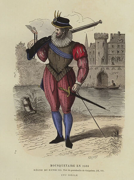 Musketeer of the reign of Henry III of France, 1586 (coloured engraving)