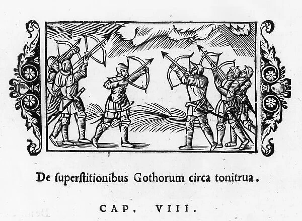 Scandinavians using their arrows to ward off thunder, from