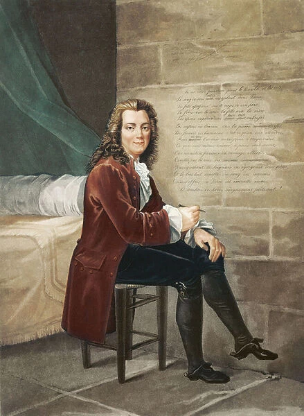 Voltaire imprisoned in the Bastille writing the La Henriade in 1728 (coloured engraving)