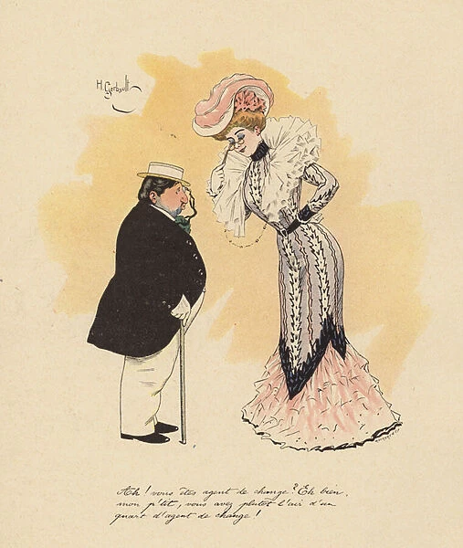 Woman mocking a stockbroker for his diminutive stature (colour litho)