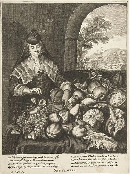 September represented as woman at table laden with fruits and vegetables, Cornelis