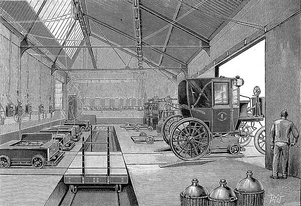 Depot where electrically driven Paris cabs were fitted with freshly charged batteries, 1899