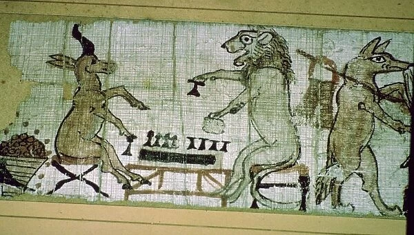 Detail from the Egyptian satirical papyrus of a lion and a unicorn playing a board game