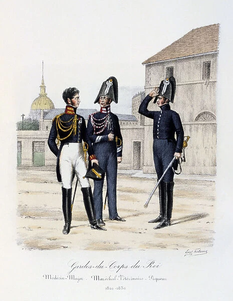 Gardes-du-Corps de Roi, Medecin-Major, Marechal-Veterinaire and Piqueur, 1820-30 Artist: Eugene Titeux