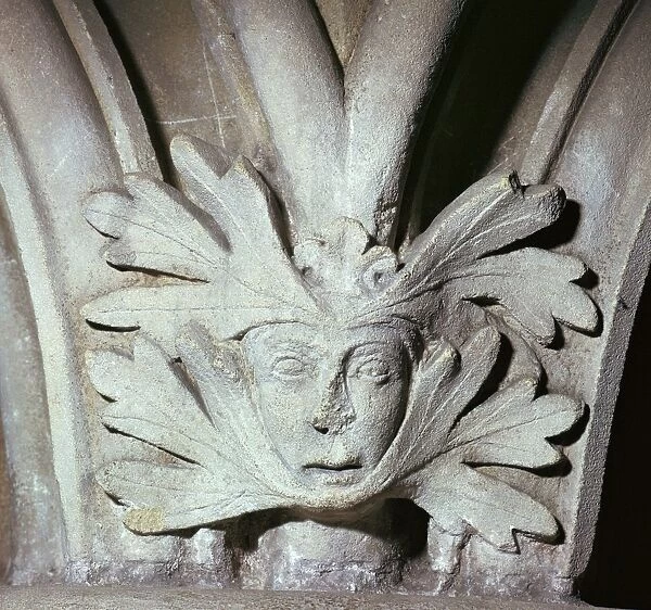 Detail of a Green Man at Southwell Minster in Nottinghamshire, 12th century