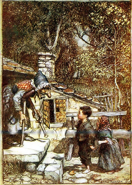 Hansel and Gretel and the Witch on the doorstep of her cottage. Artist: Arthur Rackham