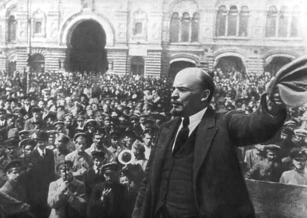 Lenin addressing a crowd in Red Square, Moscow, Russian Revolution, October 1917