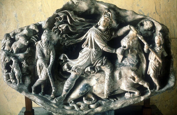 Mithras, ancient Persian god of light and ruler of the Universe, slaying the bull, 100-150