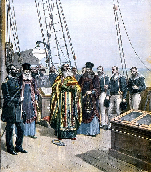 Russian Orthodox priests performing ceremony of naming the yacht of Grand Duke Alexis, 1891