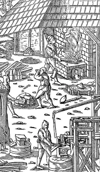 Smelting iron and hammering bars with a mechanical hammer, 1556