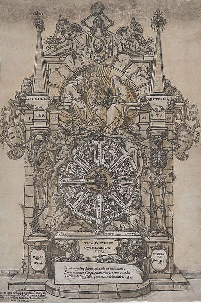 Triumph of Death with three fates in an architectural frame above a wheel of fortune