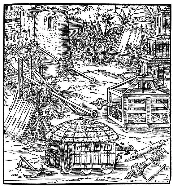 Various forms of siege equipment, including battering rams, 1547