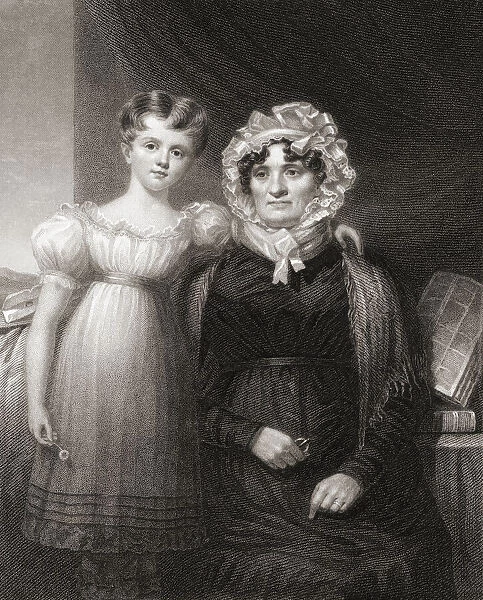 Jean Armour, 1765 - 1834. Scottish wife of poet Robert Burns. She gave Burns nine children of whom only three survived to adulthood. The girl standing beside Mrs. Burns is one of her grandchildren. After an engraving by WIlliam Holl