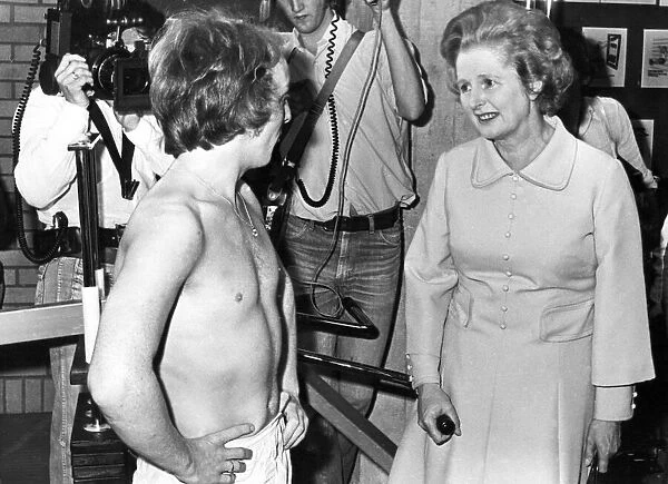 Margaret Thatcher visits Eldon Square sport centre, Newcastle chatting to Raymond Foster
