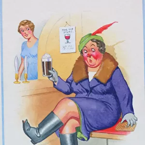 Comic postcard, Woman drinking in a pub