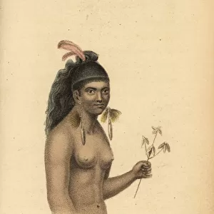 Maori girl with feather in her hair and long earrings