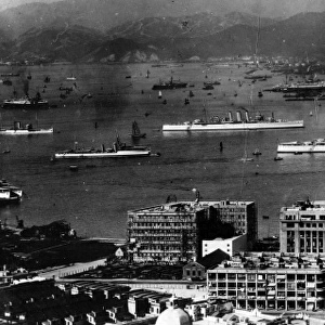 View of Hong Kong harbour, with ships and buildings