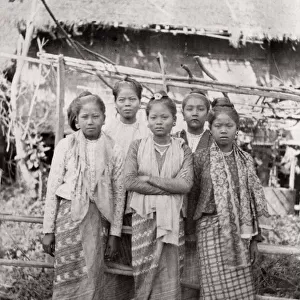 Vintage late 19th century photograph: Group of young Burmese women, Burma, Myanmar