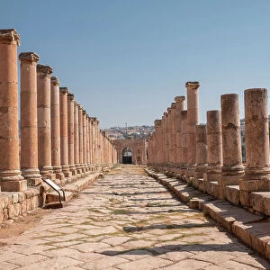 Ancient Roman stone road with a colonnade, Jerash, Jordan, Middle East