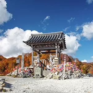 Little shrine in a volcanic landscape and autumnal colors, Osorezan Bodaiji Temple, Mutsu, Aomori prefecture, Honshu, Japan, Asia