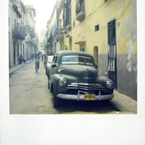 Polaroid of street scene with classic American car, Havana, Cuba, West Indies