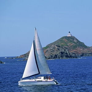 Sailing boat with the Semaphore Lighthouse behind, Iles Sanguinaires, island of Corsica