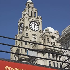 Sightseeing bus and Liver Building, Albert Dock, Liverpool, Merseyside