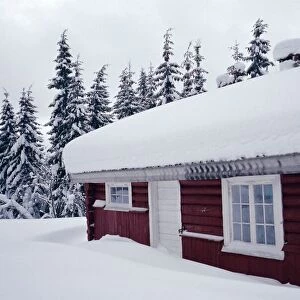 Snow covered log built house