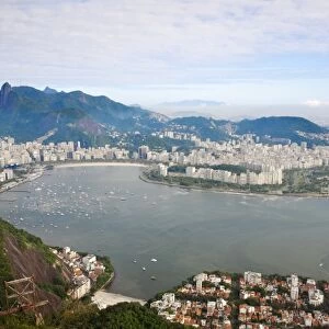 View from Sugar Loaf Mountain of Botafogo Bay and Chirst The Redeemer Statue atop Cocovado