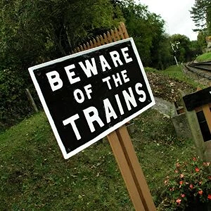 Beware of the trains Crowcombe Heathfield station, West Somerset Railway
