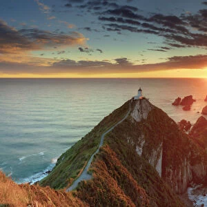 Elevated view of Nugget Point lighthouse in the Catlins national park, Otago