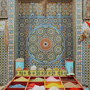 Spices and colorful wall, Fez, Morocco