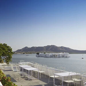 View of Lake Palace Hotel from Jagat Niiwas Palace Hotel rooftop restaurant, Udaipur