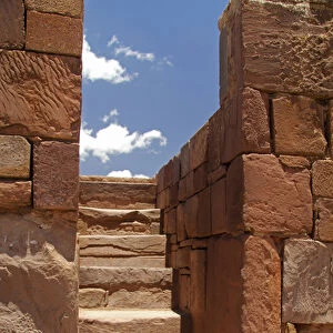 South America, Bolivia, Tiwanaku. Kalasasaya Temple Wall and Steps at Pre-Columbian