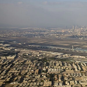 United Arab Emirates, Dubai. Aerial view of Dubai International Airport and new terminal