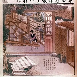 CHINA: SILK MANUFACTURE. Weaving silk on a loom. Chinese print, 1689