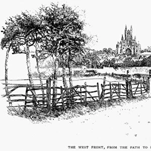 ENGLAND: CANTERBURY. The west front of Canterbury Cathedral from the path to Harbledown. Line engraving, 1887, after Joseph Pennell