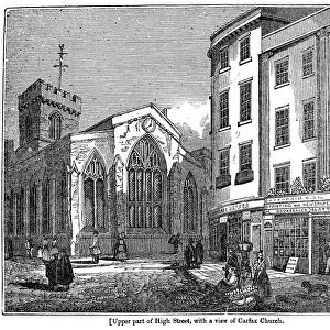 OXFORD: HIGH STREET, 1834. View of the upper part of High Street in Oxford, England, with St. Martins (or Carfax) Church at left. Wood engraving, English, 1834