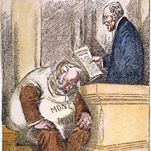 Reading the Death Warrant. Cartoon, 1913, by Charles R. Macauley on U. S. President Woodrow Wilsons currency message to Congress which resulted in the passage of the Federal Reserve Act
