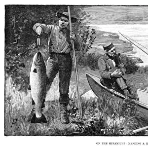 SALMON FISHING, 1890. On the Miramichi: mending a rod. Engraving, 1890