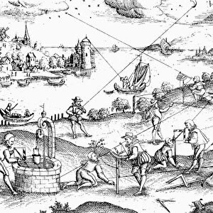 SURVEYING, 1594. Surveyors taking sightings on land and sea. Line engraving, German, 1594