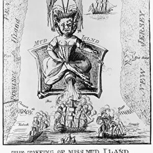 The Taking of Miss Mud Island. Contemporary English cartoon depicting Fort Mifflin, held by the Continental Army, on Mud Island in the Delaware River, as a woman firing on British ships during the five week battle in October-November 1777